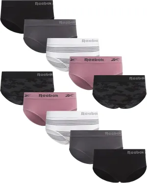 Reebok Hipster Panties for Women - 10 Pack Stretch Performance Seamless Underwear with Relaxed Tagless Waist (Sizes: S-XL)