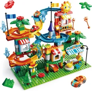 REMOKING Building Blocks Marble Run, Educational Compatible Blocks Models with 4 Cars, Learning Car Track Contruction Toys Set, Great Gifts for Kids 3 Years and up（213Pcs）