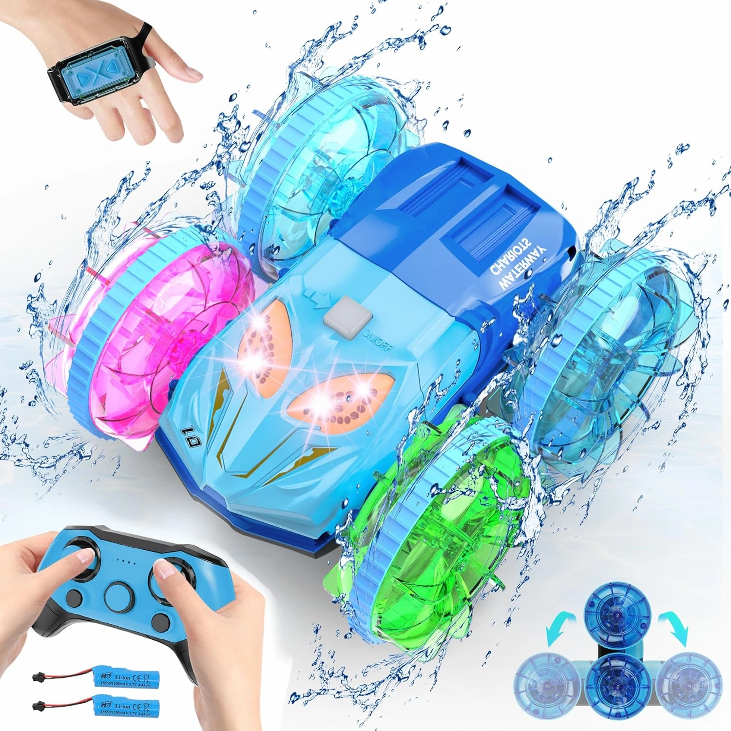 Remote Control Car Boat with 360°Rotation, 2.4GHz Amphibious RC Car Boat with Light and Music, Gesture Sensing RC Waterproof Stunt 4WD Water All Terrain Beach Pool Toys, Boys Girls Gift 8  years old