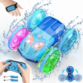 Remote Control Car Boat with 360°Rotation, 2.4GHz Amphibious RC Car Boat with Light and Music, Gesture Sensing RC Waterproof Stunt 4WD Water All Terrain Beach Pool Toys, Boys Girls Gift 8  years old