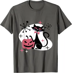 Retro Atomic Halloween Cat Pumpkin Vintage MCM Kitty T-Shirt