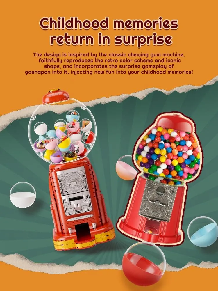 Retro Gumball Machine Building Kits, Gashapon Machine Clip Building Block Toy Vending Machine,Bonus 12 Micro Building Blocks and 12 Lucky Notes,Suitable for Collection and Gift Giving