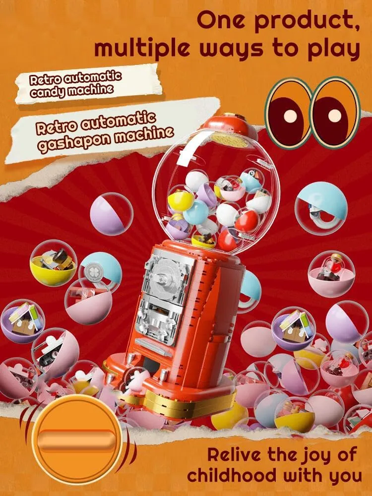 Retro Gumball Machine Building Kits, Gashapon Machine Clip Building Block Toy Vending Machine,Bonus 12 Micro Building Blocks and 12 Lucky Notes,Suitable for Collection and Gift Giving