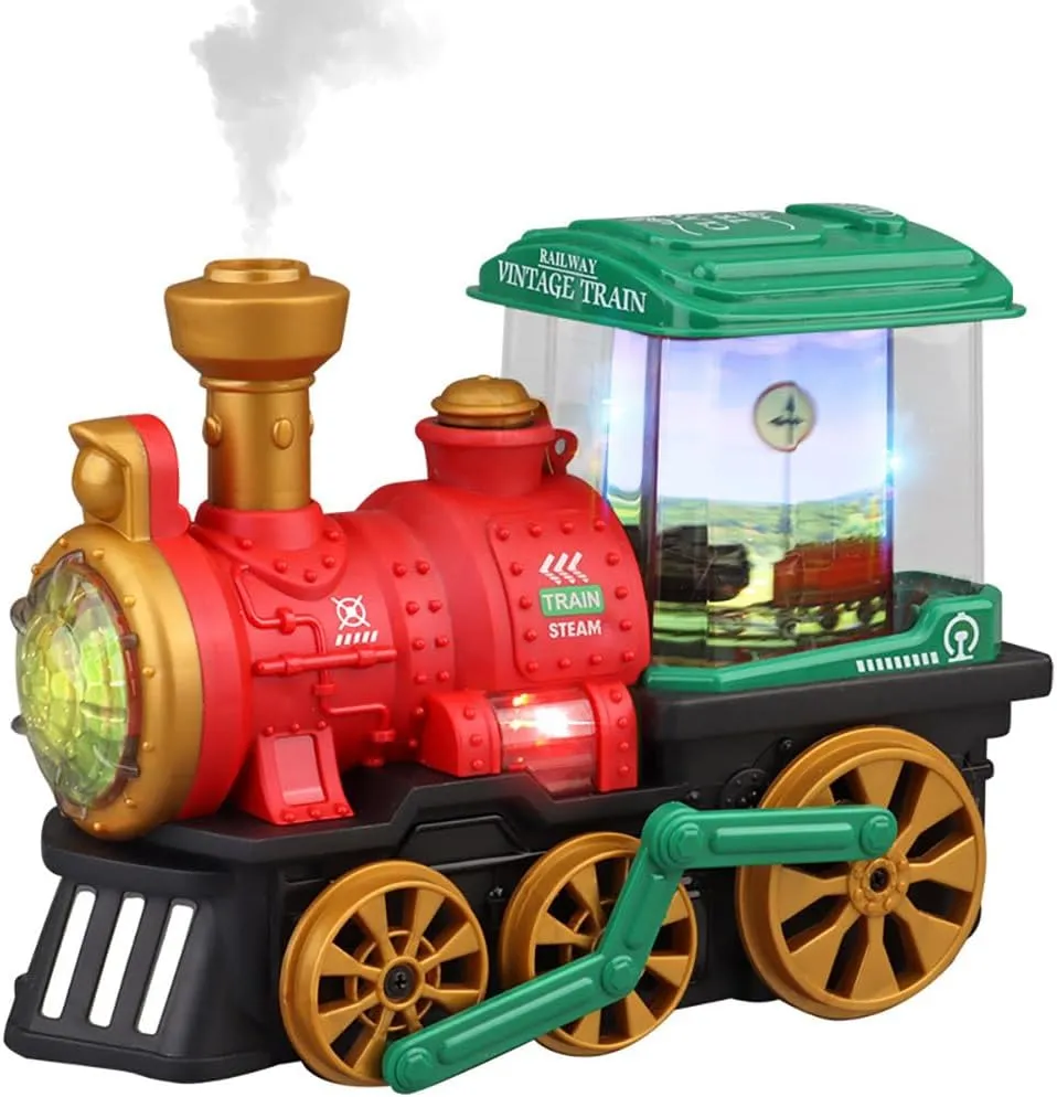 Retro Steam Train with Mist Spray, Vintage Locomotive Toy with Universal Wheel, Lights & Music and Rotary Carriage (Red)