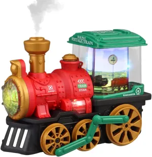 Retro Steam Train with Mist Spray, Vintage Locomotive Toy with Universal Wheel, Lights & Music and Rotary Carriage (Red)