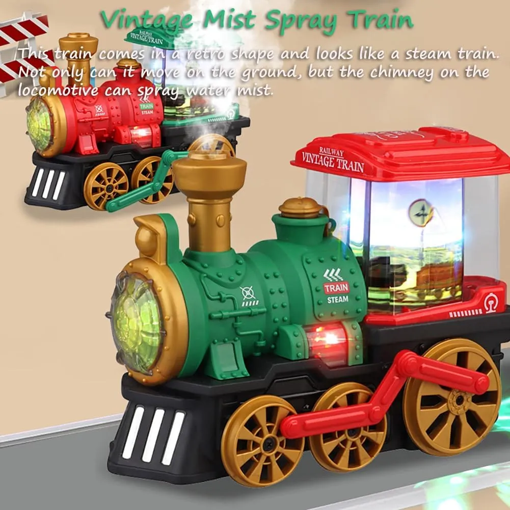 Retro Steam Train with Mist Spray, Vintage Locomotive Toy with Universal Wheel, Lights & Music and Rotary Carriage (Red)