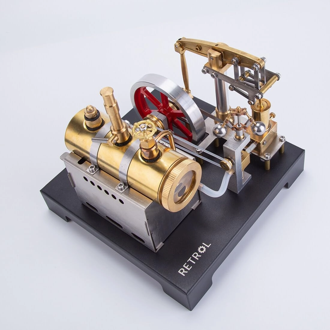 Retro Steam Engine Model Set, SE-01 Full Metal Beam Steam Engine with Horizontal Boiler   Functional Generator with Lamp Scene, Educational Science Decor for Adults - 84PCS