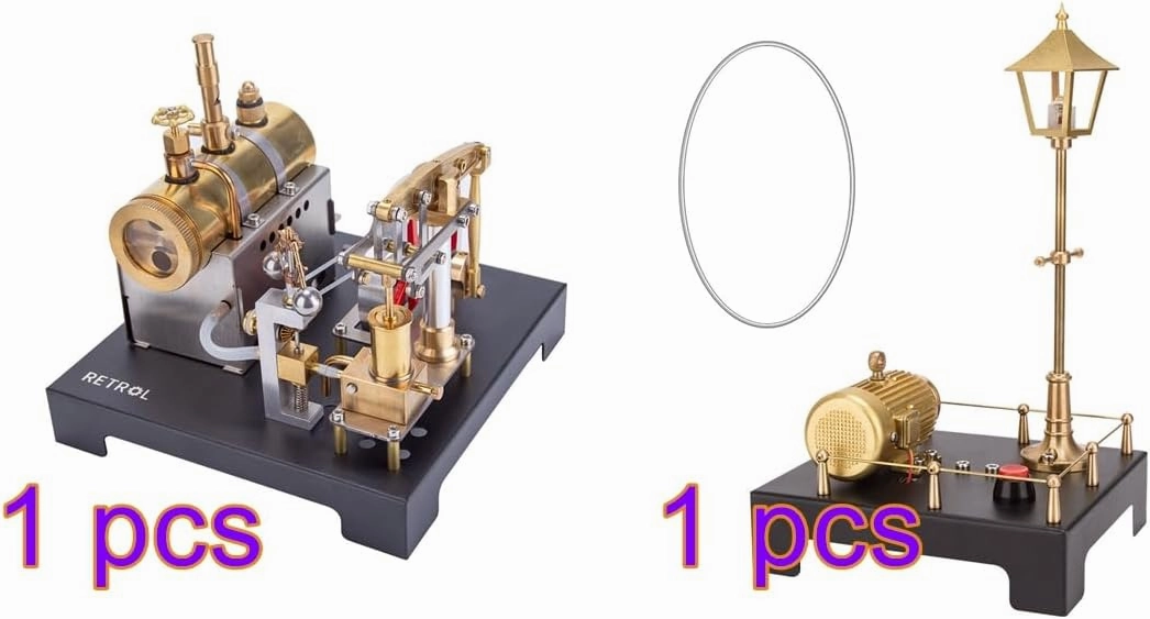 Retro Steam Engine Model Set, SE-01 Full Metal Beam Steam Engine with Horizontal Boiler   Functional Generator with Lamp Scene, Educational Science Decor for Adults - 84PCS