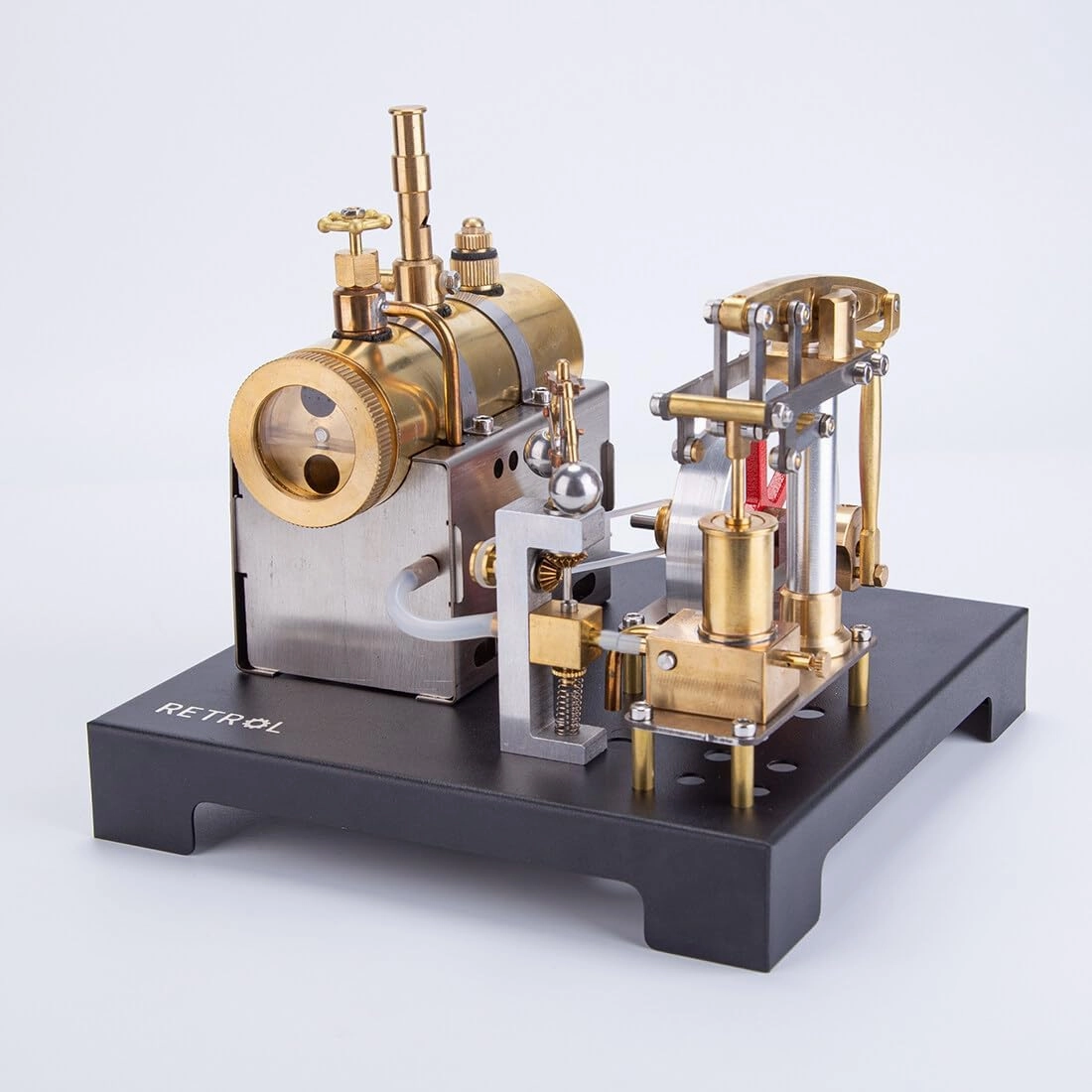 Retro Steam Engine Model Set, SE-01 Full Metal Beam Steam Engine with Horizontal Boiler   Functional Generator with Lamp Scene, Educational Science Decor for Adults - 84PCS