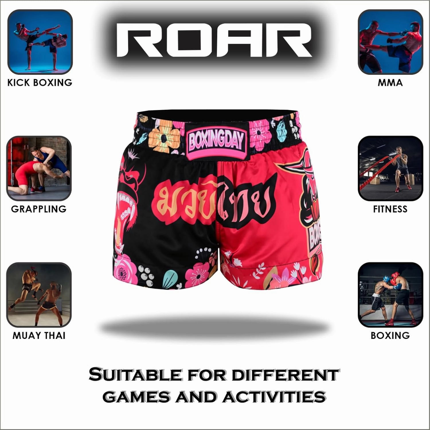 ROAR-INT Kid's Muay Thai Shorts Martial Arts MMA Kickboxing Shorts for Boys Girls Boxing Trunks Shorts