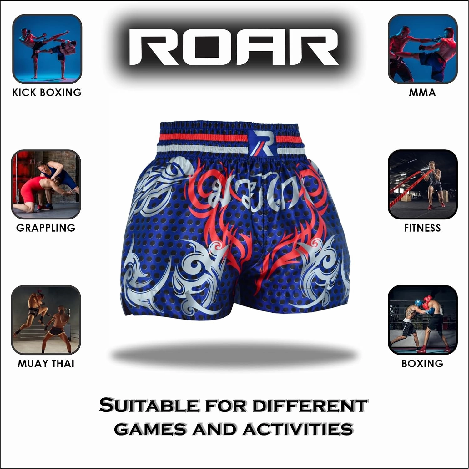 ROAR-INT Muay Thai Shorts MMA Gym Boxing Fighting Trunks Kick Martial Arts Gear