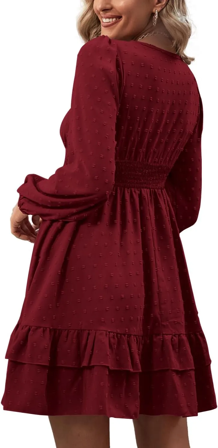 Rooscier Women's Wrap V Neck Swing Ruffle Swiss Dots Long Sleeve Mini Dress
