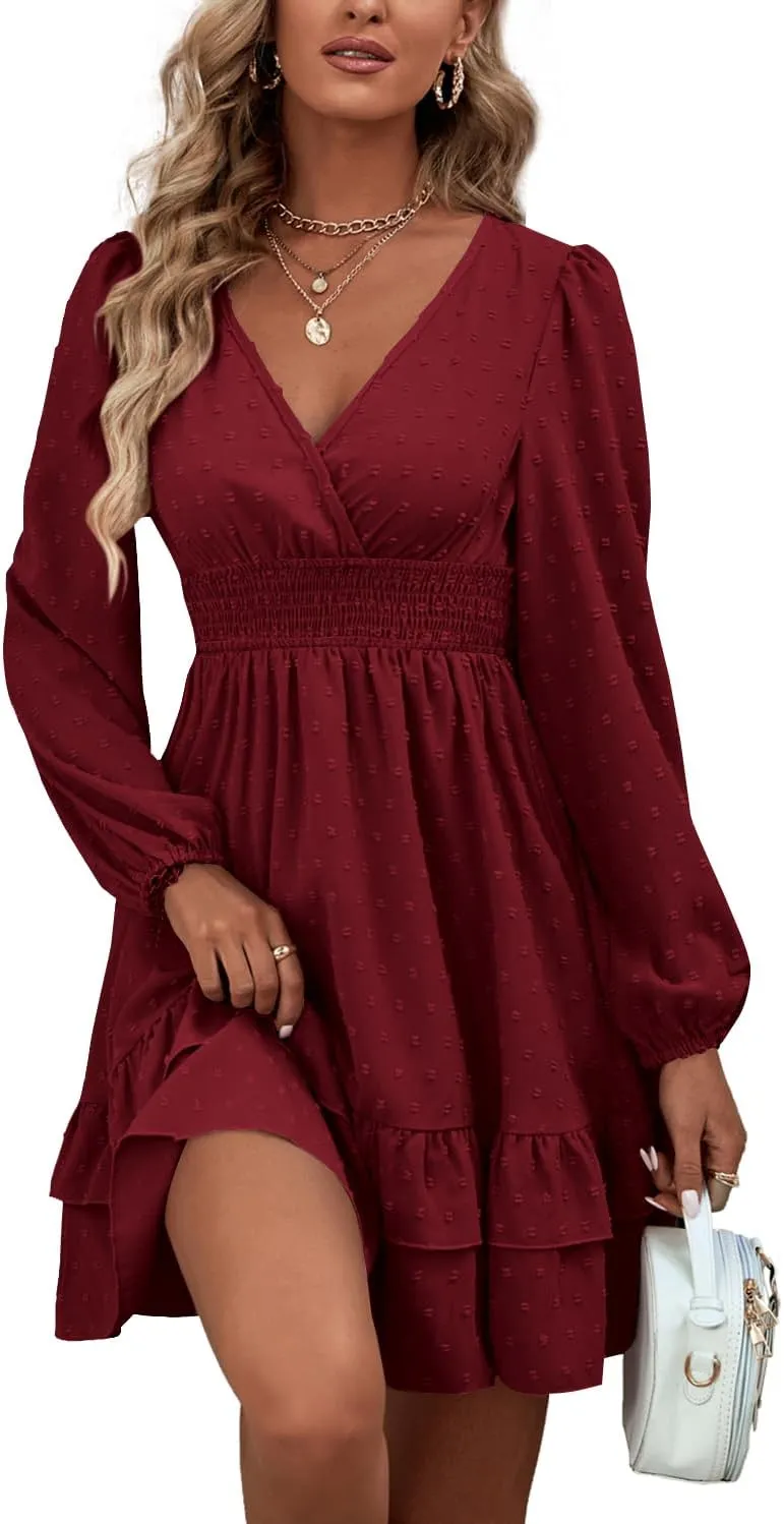 Rooscier Women's Wrap V Neck Swing Ruffle Swiss Dots Long Sleeve Mini Dress