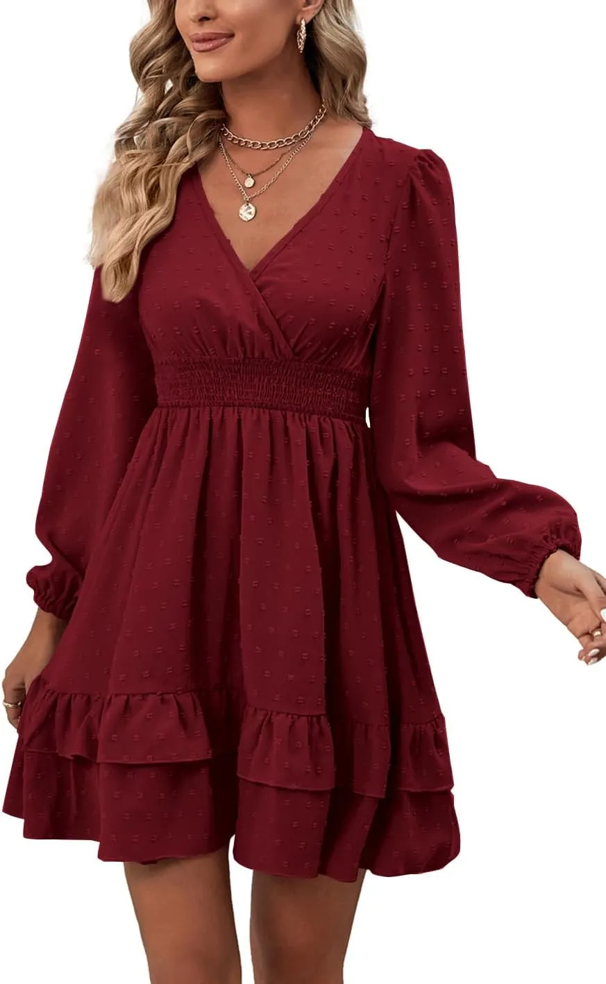 Rooscier Women's Wrap V Neck Swing Ruffle Swiss Dots Long Sleeve Mini Dress