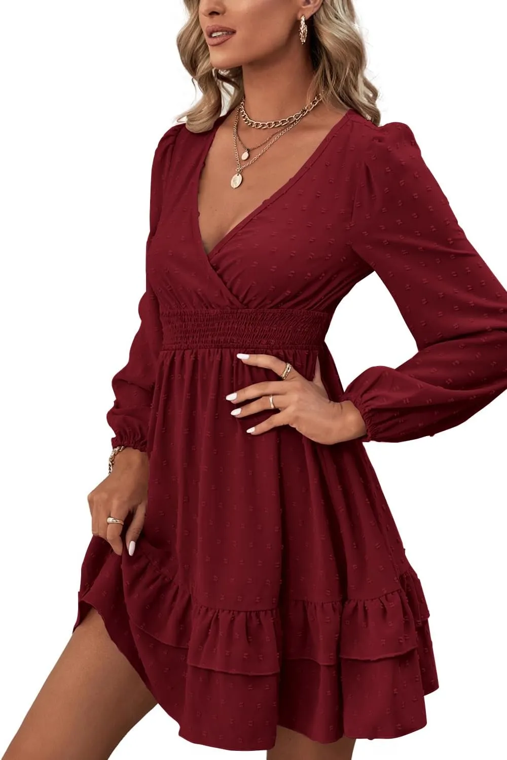 Rooscier Women's Wrap V Neck Swing Ruffle Swiss Dots Long Sleeve Mini Dress