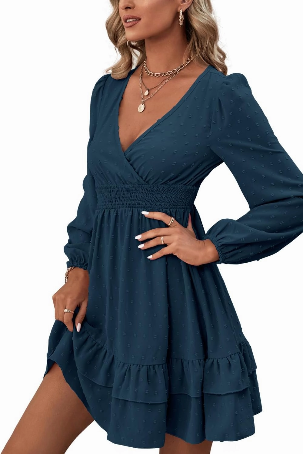 Rooscier Women's Wrap V Neck Swing Ruffle Swiss Dots Long Sleeve Mini Dress