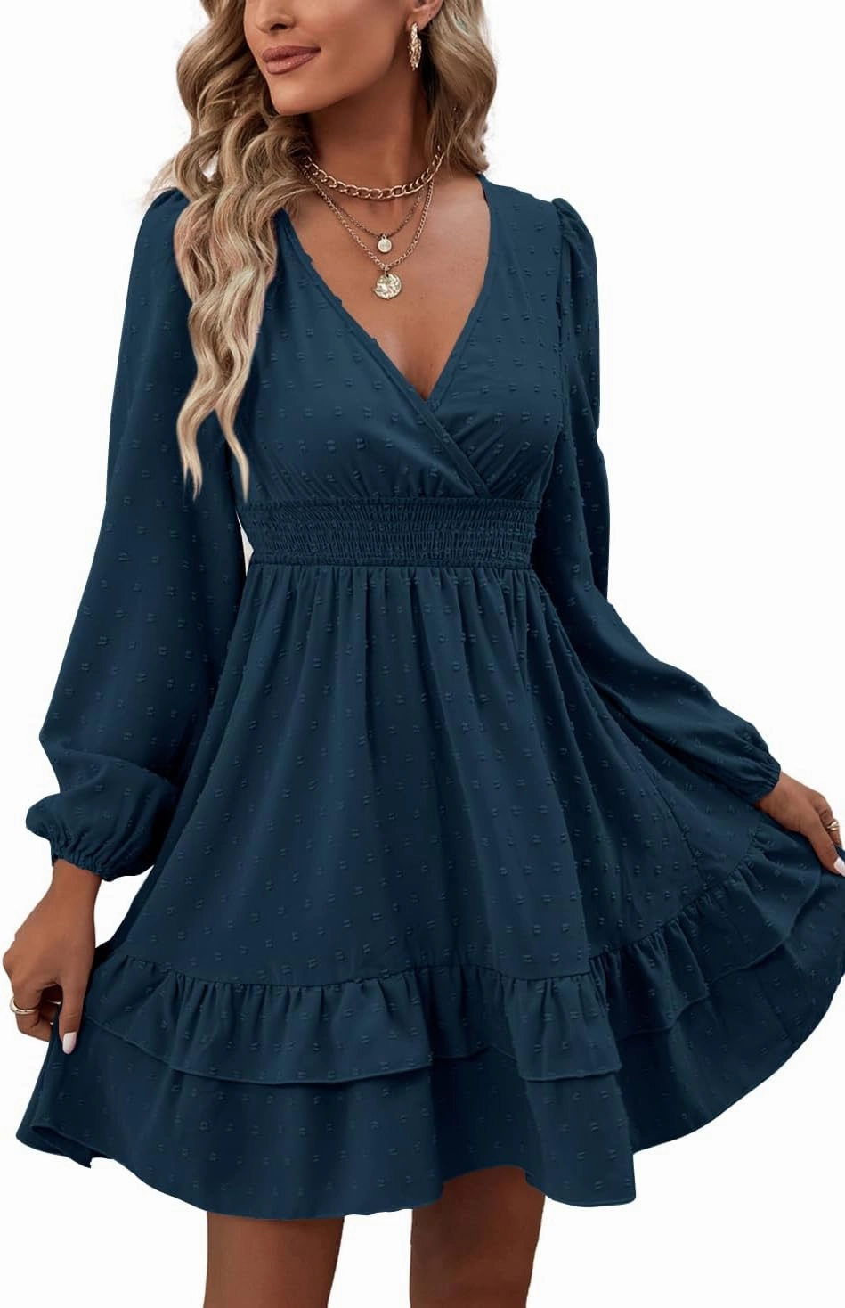 Rooscier Women's Wrap V Neck Swing Ruffle Swiss Dots Long Sleeve Mini Dress