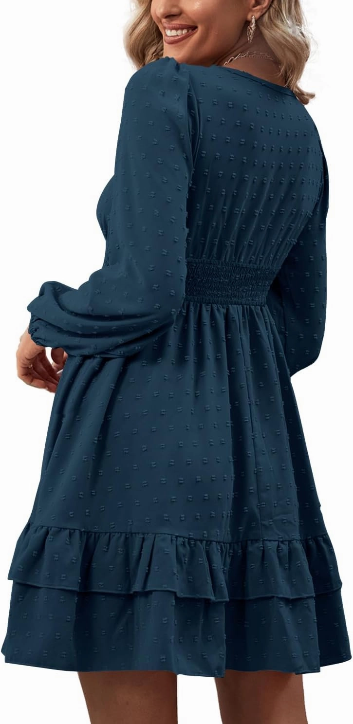 Rooscier Women's Wrap V Neck Swing Ruffle Swiss Dots Long Sleeve Mini Dress