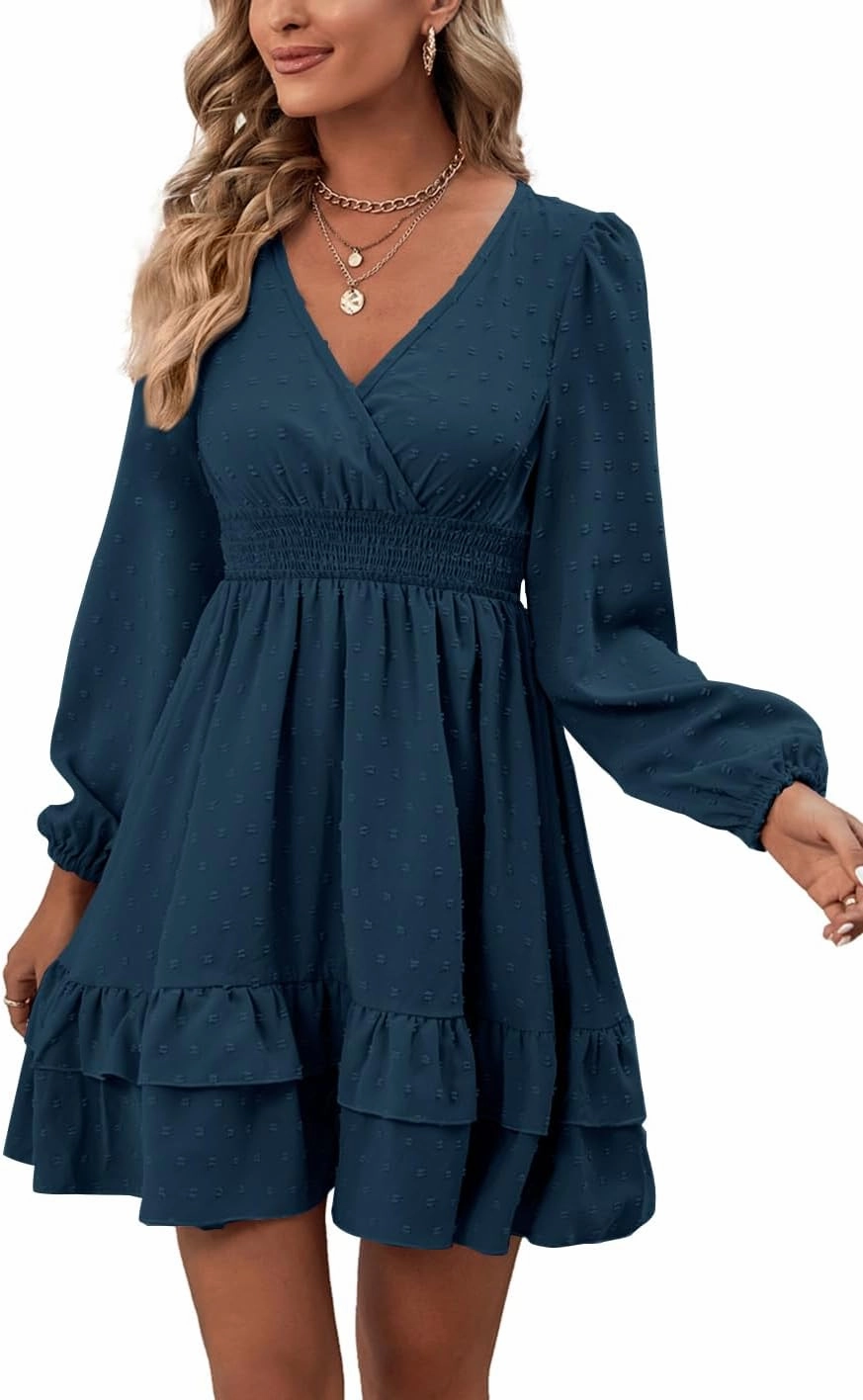 Rooscier Women's Wrap V Neck Swing Ruffle Swiss Dots Long Sleeve Mini Dress