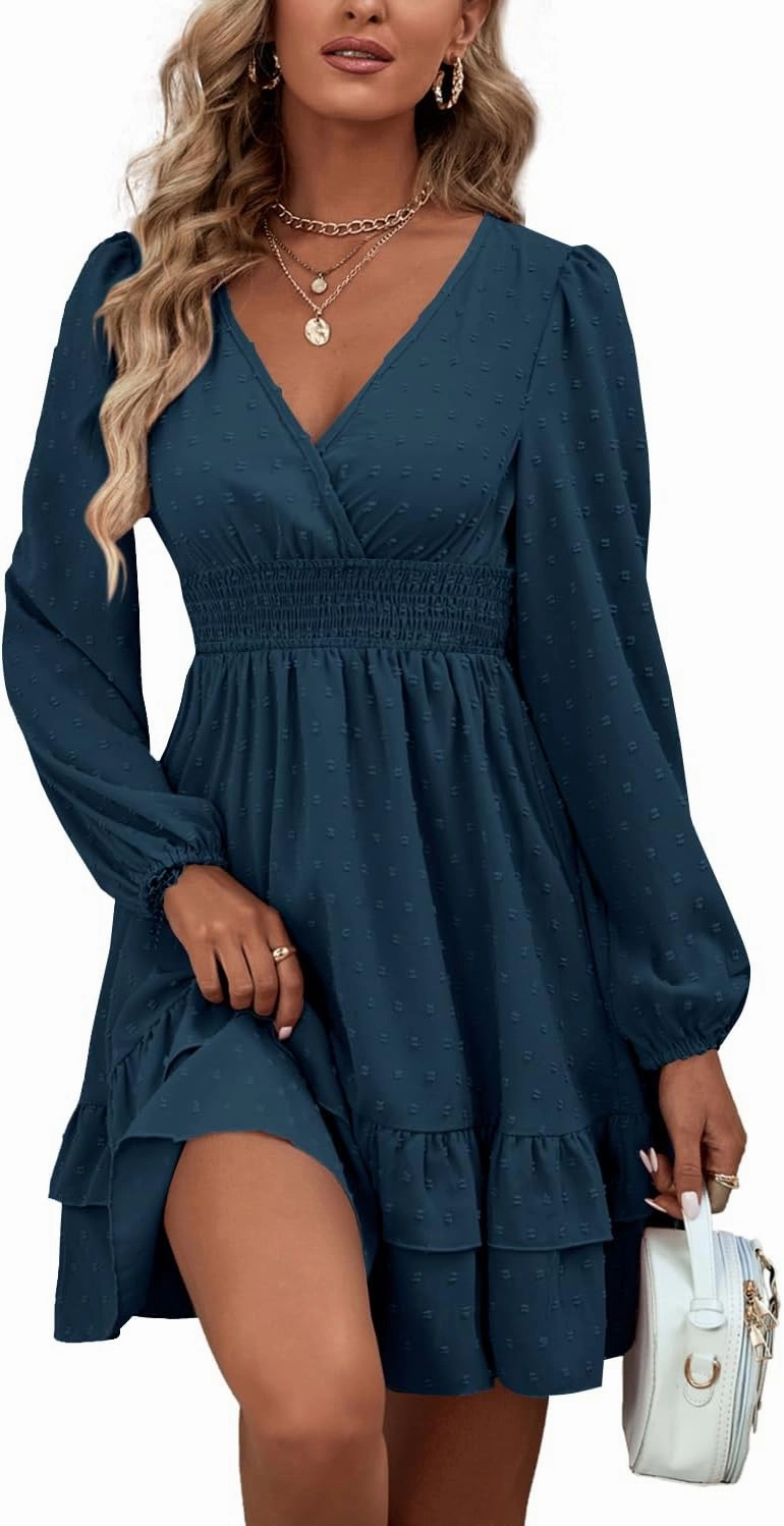 Rooscier Women's Wrap V Neck Swing Ruffle Swiss Dots Long Sleeve Mini Dress