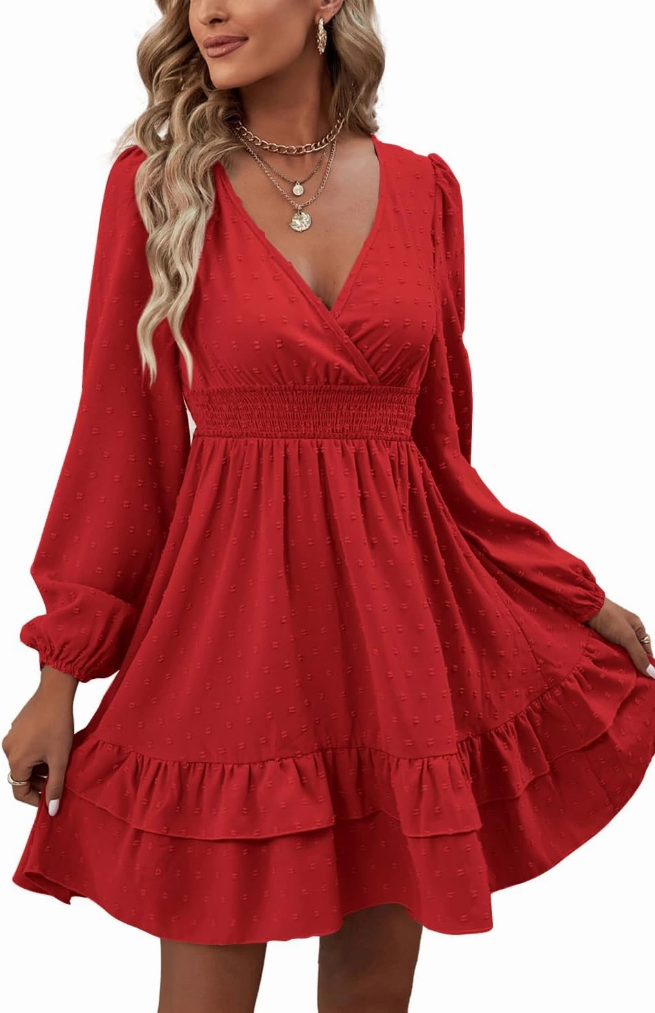 Rooscier Women's Wrap V Neck Swing Ruffle Swiss Dots Long Sleeve Mini Dress