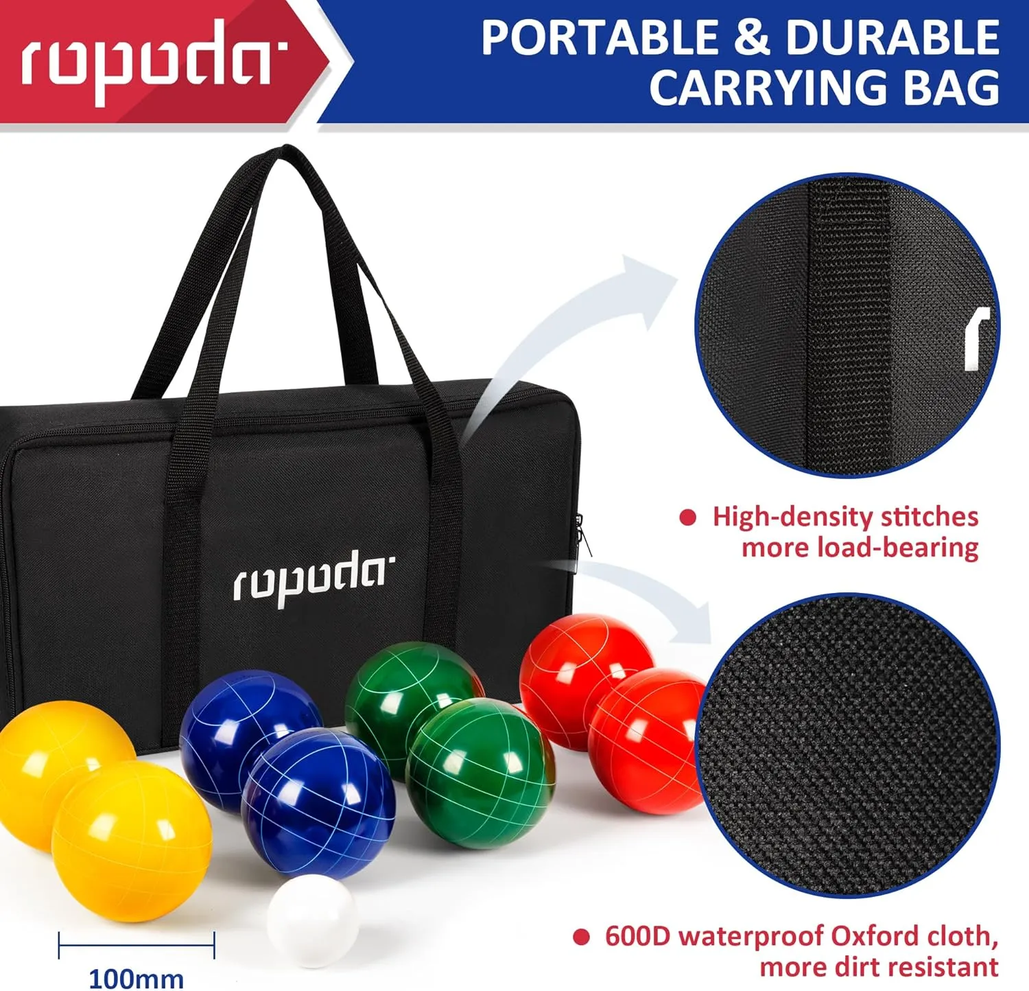 ropoda 100mm Bocce Ball Set Regulation Size and Weight with 8 Resin Bocce Balls, 50 mm Pallino, Carrying Bag, Measuring Rope, Backyard/Lawn/Beach/Outdoor, Bocci Games (Multi Colors, 2-8 Players)