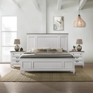 Roundhill Furniture Clelane 3-Piece Wood Bedroom Set, Bed with 2 Nightstands, King, Weathered White