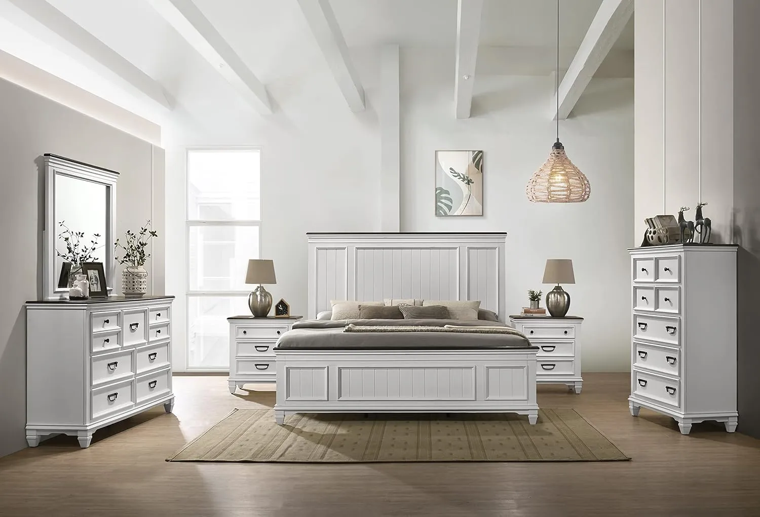 Roundhill Furniture Clelane Wood Bedroom Set with Shiplap Panel Bed, Dresser, Mirror, Two Nightstands, and Chest, King, Weathered White and Walnut