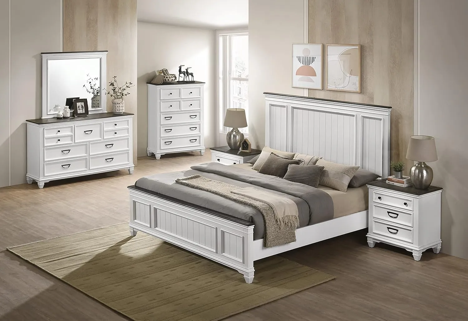 Roundhill Furniture Clelane Wood Bedroom Set with Shiplap Panel Bed, Dresser, Mirror, Two Nightstands, and Chest, King, Weathered White and Walnut