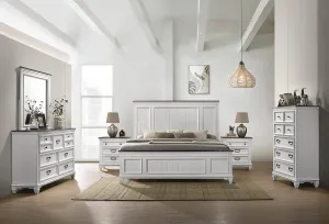 Roundhill Furniture Clelane Wood Bedroom Set with Shiplap Panel Bed, Dresser, Mirror, Two Nightstands, and Chest, King, Weathered White and Walnut