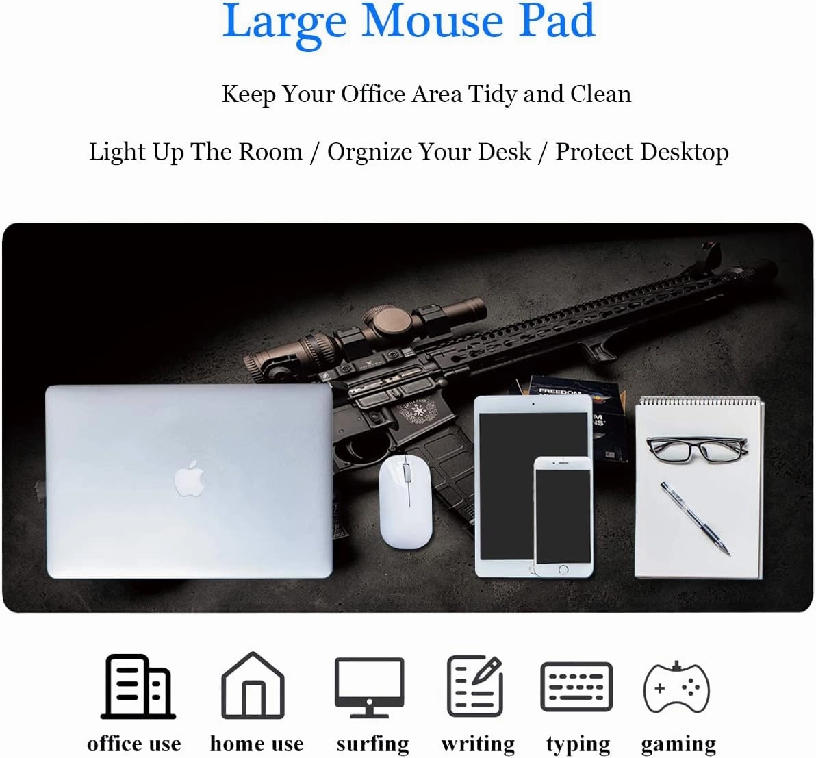 RTGGSEL 31.5x11.8 Inch Non-Slip Long Extended Large Gaming Mouse Pad with Stitched Edges XL Laptops Keyboard Mouse Mat (Black Gun)