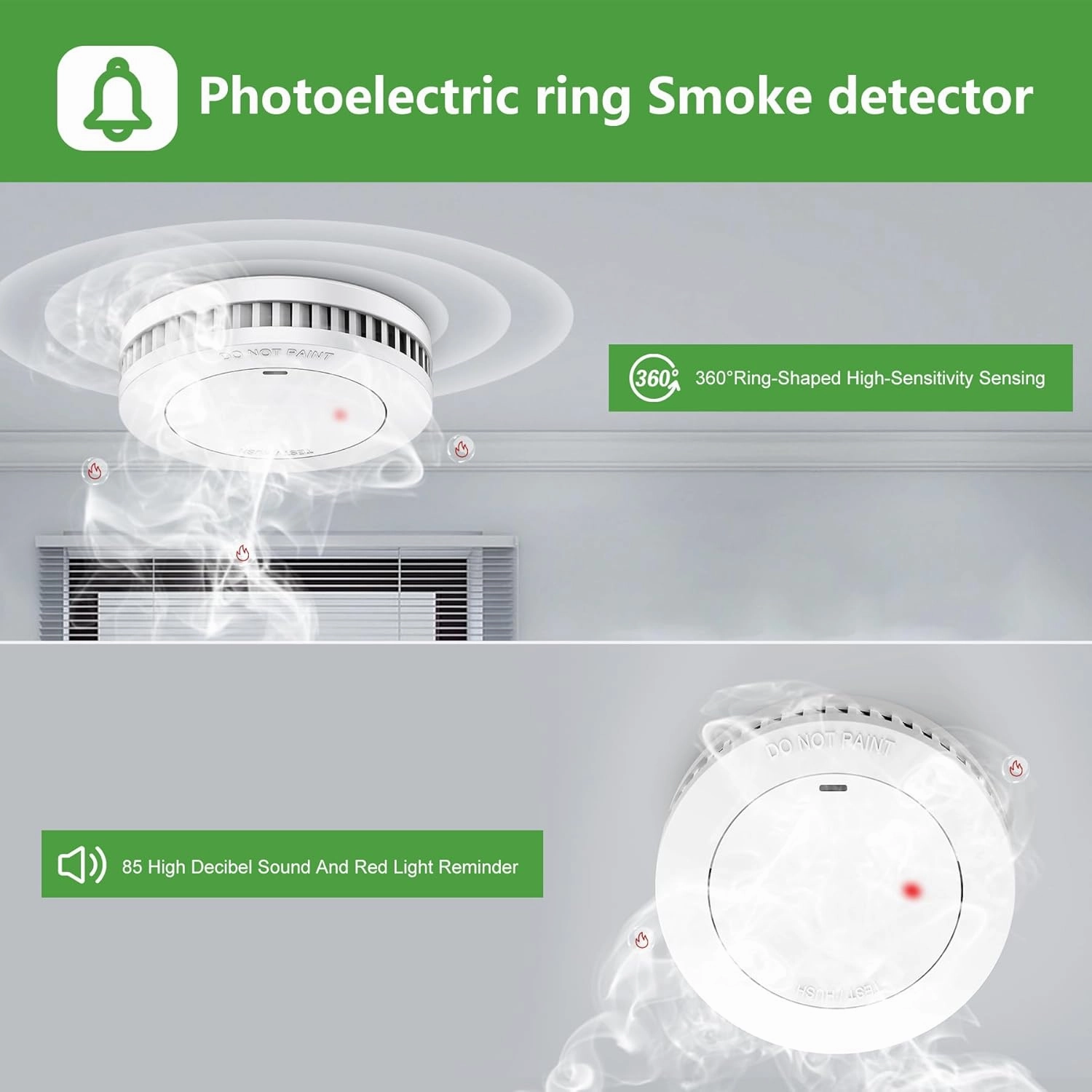Rundur Fire Alarm 10-Year Battery Fire Detector 3.5-Inch Mini Sleek Design with Test/Silent Button Photoelectric Smoke Alarm Can be drilled Fixed fire detectors for Home (3 Piece)