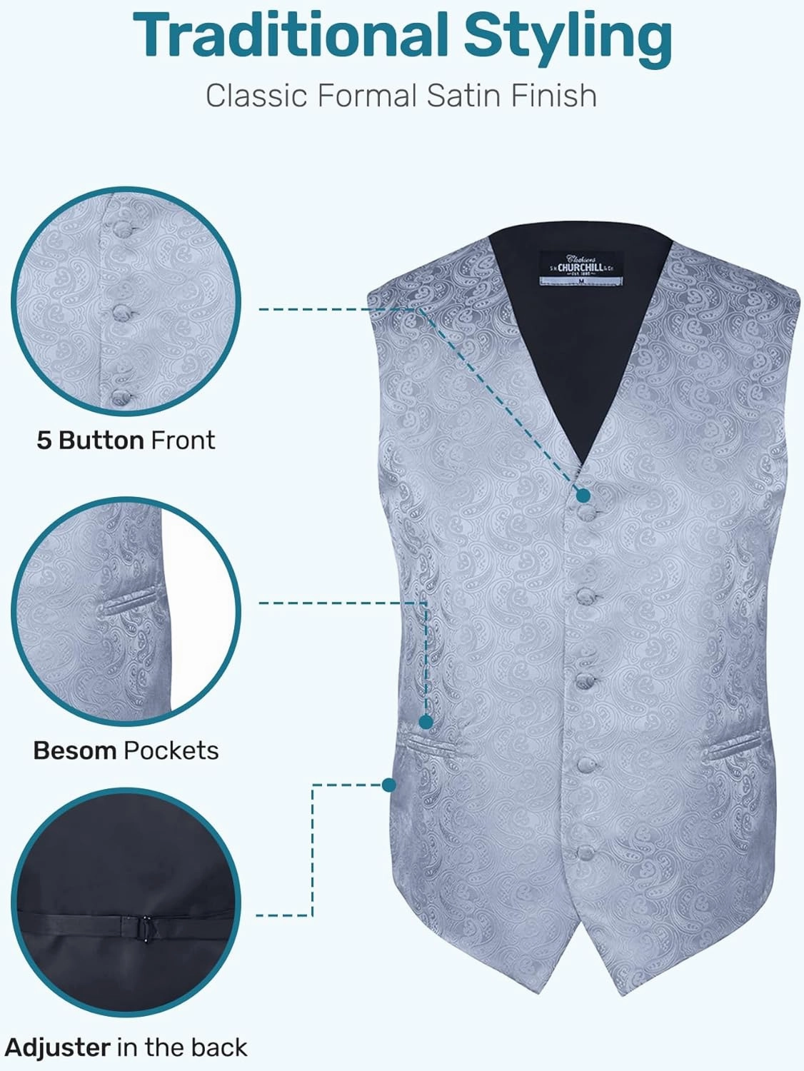 S.H. Churchill & Co. Men's 4 Piece Paisley Vest Set, with Bow Tie, Neck Tie & Pocket Hanky