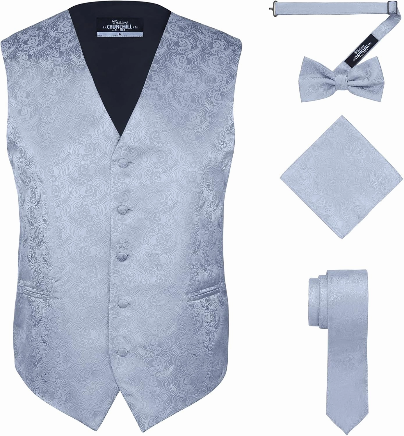 S.H. Churchill & Co. Men's 4 Piece Paisley Vest Set, with Bow Tie, Neck Tie & Pocket Hanky