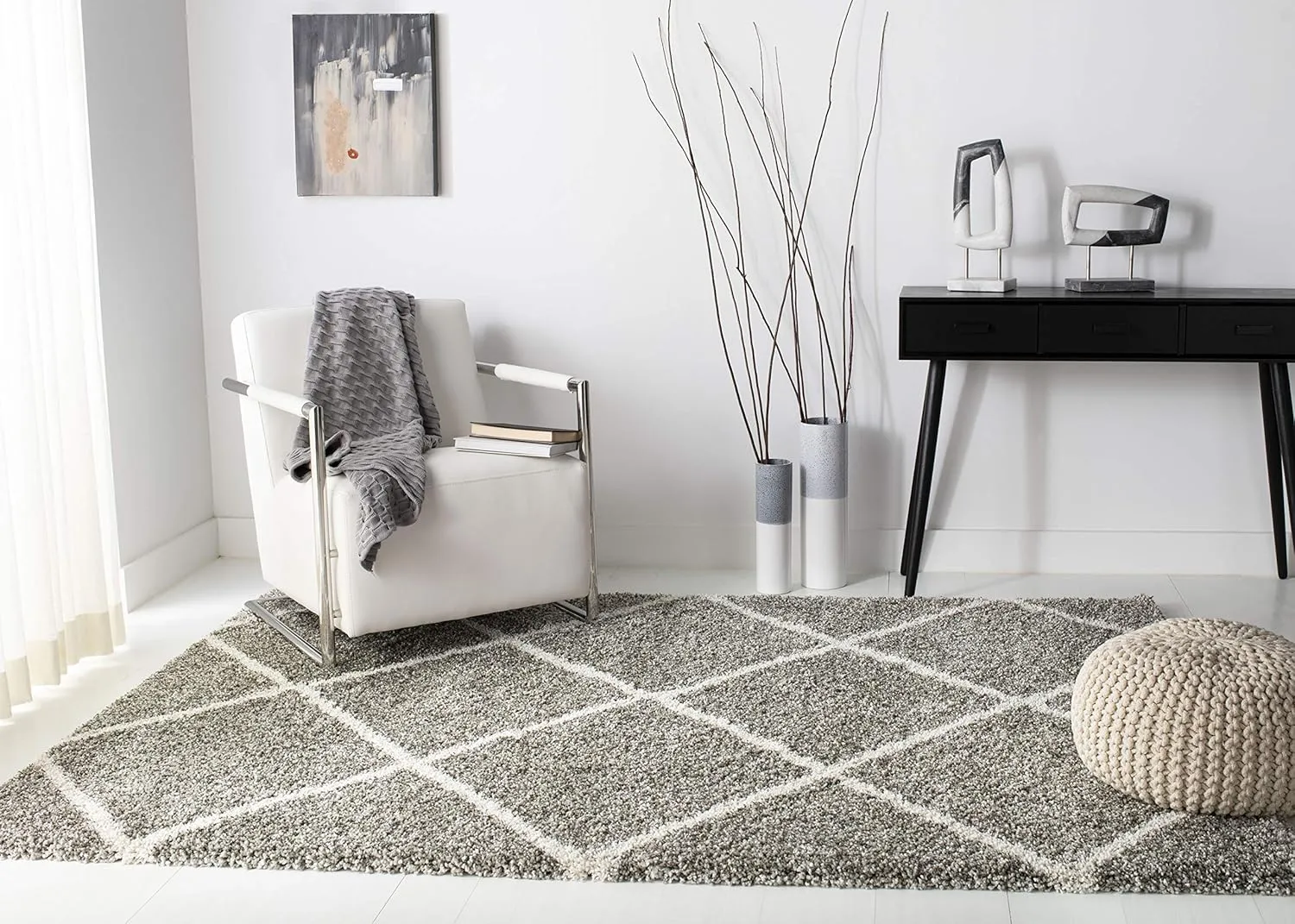 SAFAVIEH Hudson Shag Collection Area Rug - 8' x 10', Grey & Ivory, Modern Trellis Design, Non-Shedding & Easy Care, 2-inch Thick Ideal for High Traffic Areas in Living Room, Bedroom (SGH281B)