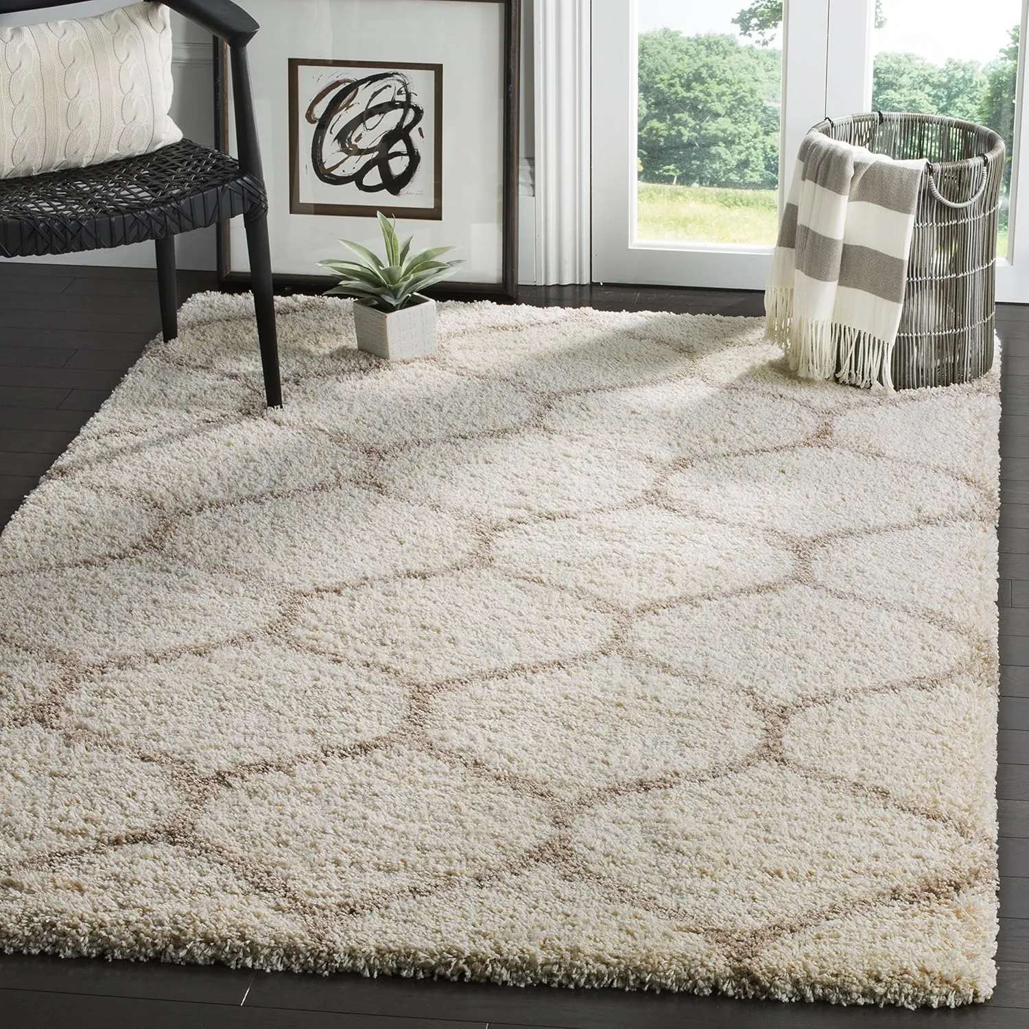 SAFAVIEH Hudson Shag Collection Area Rug - 8' x 10', Ivory & Beige, Moroccan Ogee Trellis Design, Non-Shedding & Easy Care, 2-inch Thick Ideal for High Traffic Areas in Living Room, Bedroom (SGH280D)
