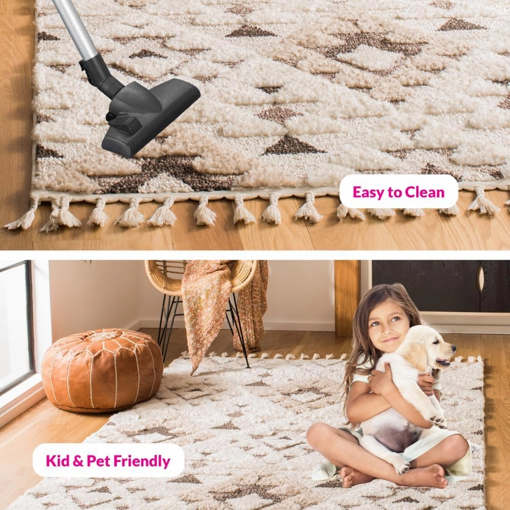 SAFAVIEH Area Rug 8x10 - Moroccan Tassel Shag Collection - Large - Ivory & Brown, Boho Design, Non-Shedding & Easy Cleaning, Plush Pile, Ideal for Living Room, Bedroom, Dining Space (MTS688A)