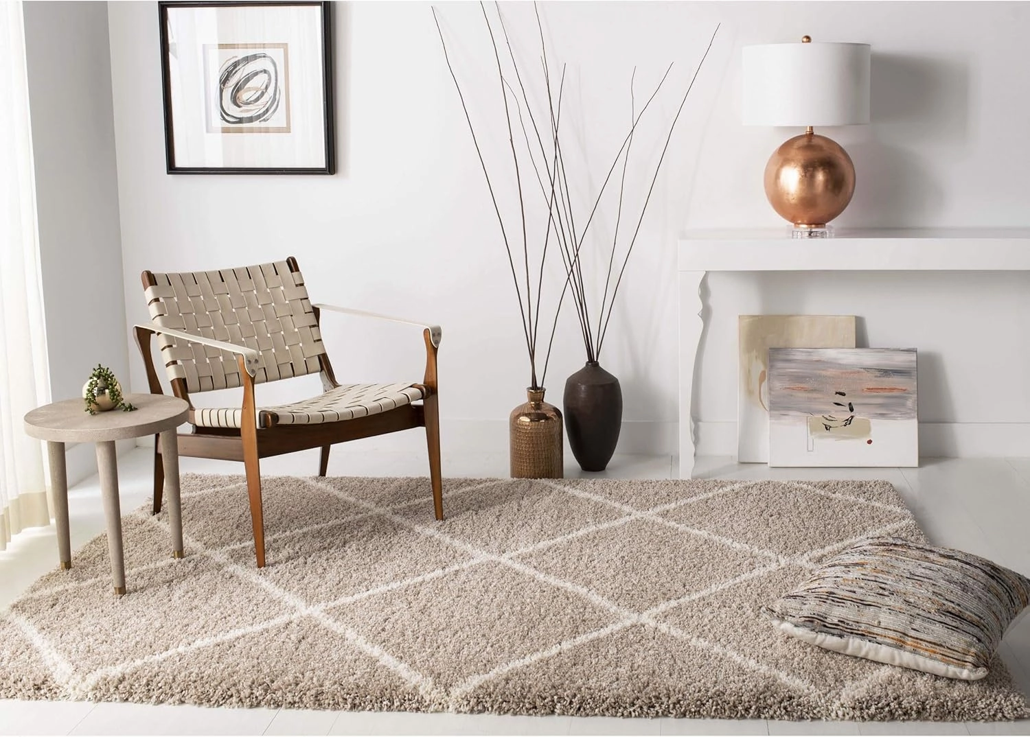 SAFAVIEH Hudson Shag Collection Area Rug - 8' x 10', Beige & Ivory, Modern Trellis Design, Non-Shedding & Easy Care, 2-inch Thick Ideal for High Traffic Areas in Living Room, Bedroom (SGH281S)
