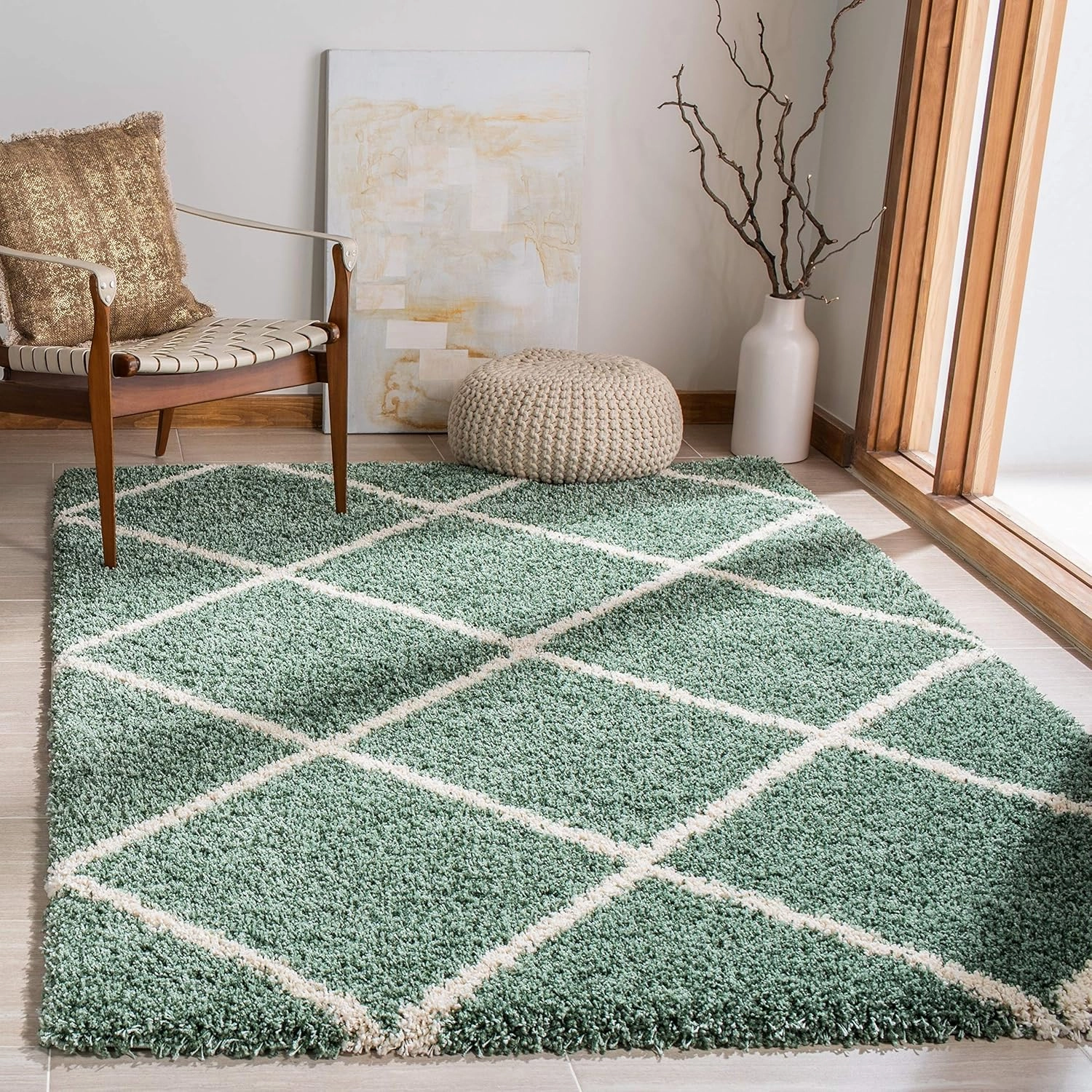 SAFAVIEH Hudson Shag Collection Area Rug - 8' x 10', Green & Ivory, Modern Trellis Design, Non-Shedding & Easy Care, 2-inch Thick Ideal for High Traffic Areas in Living Room, Bedroom (SGH281Y)