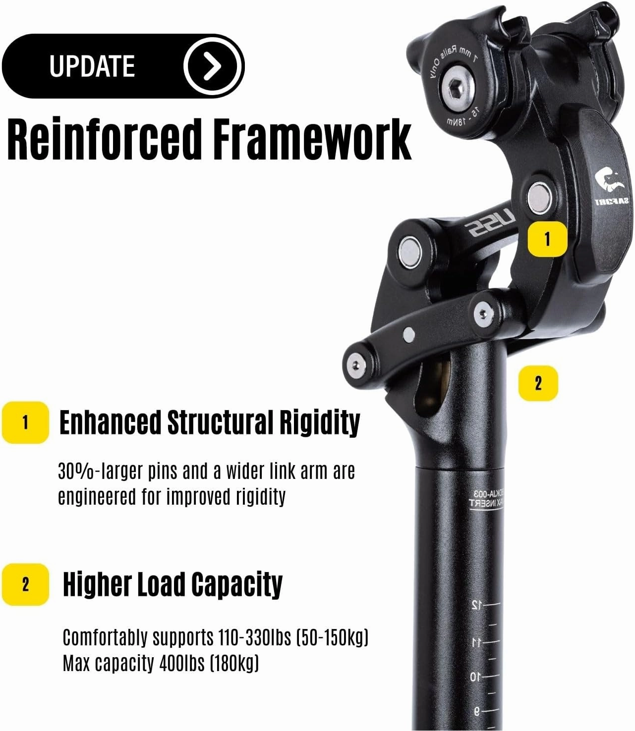 SAFORT Suspension Seatpost for eBike- Upgraded USS-SP19 (Successor to USS-SP18) - Comfort for Heavy Riders 110-330 lbs