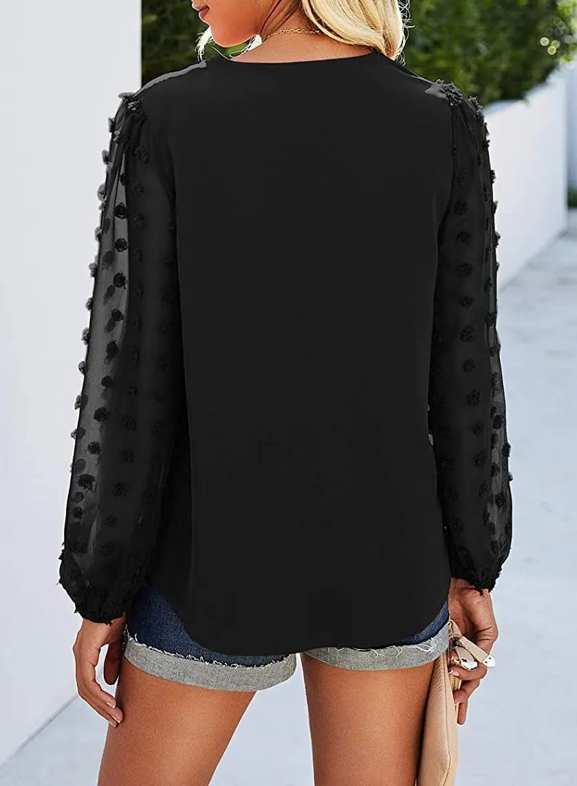 Samefar Women's Long Sleeve Pom Pom Top V Neck Pleated Shirts Casual Loose Chiffon Blouse