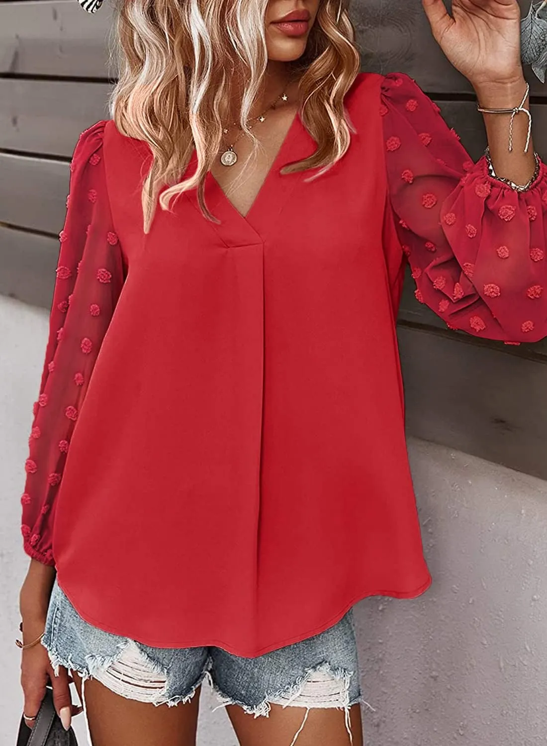 Samefar Women's Long Sleeve Pom Pom Top V Neck Pleated Shirts Casual Loose Chiffon Blouse