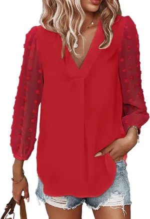 Samefar Women's Long Sleeve Pom Pom Top V Neck Pleated Shirts Casual Loose Chiffon Blouse