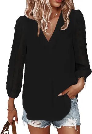 Samefar Women's Long Sleeve Pom Pom Top V Neck Pleated Shirts Casual Loose Chiffon Blouse