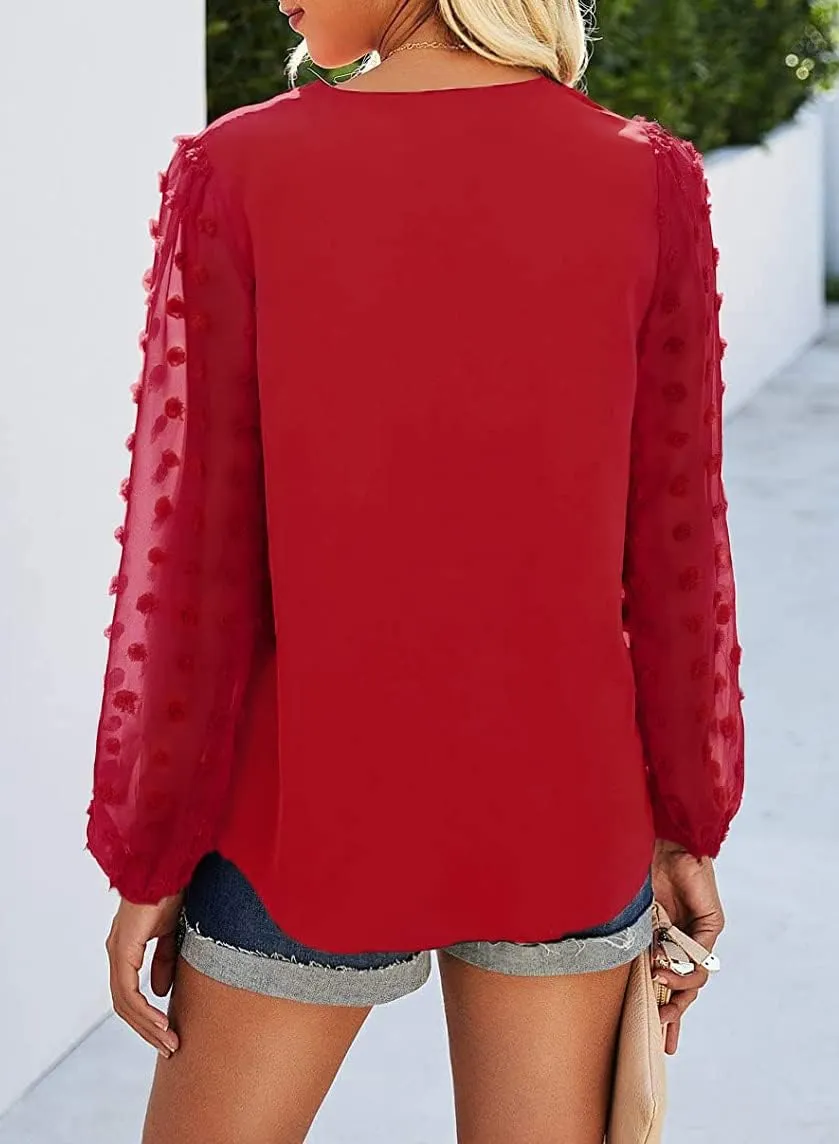 Samefar Women's Long Sleeve Pom Pom Top V Neck Pleated Shirts Casual Loose Chiffon Blouse