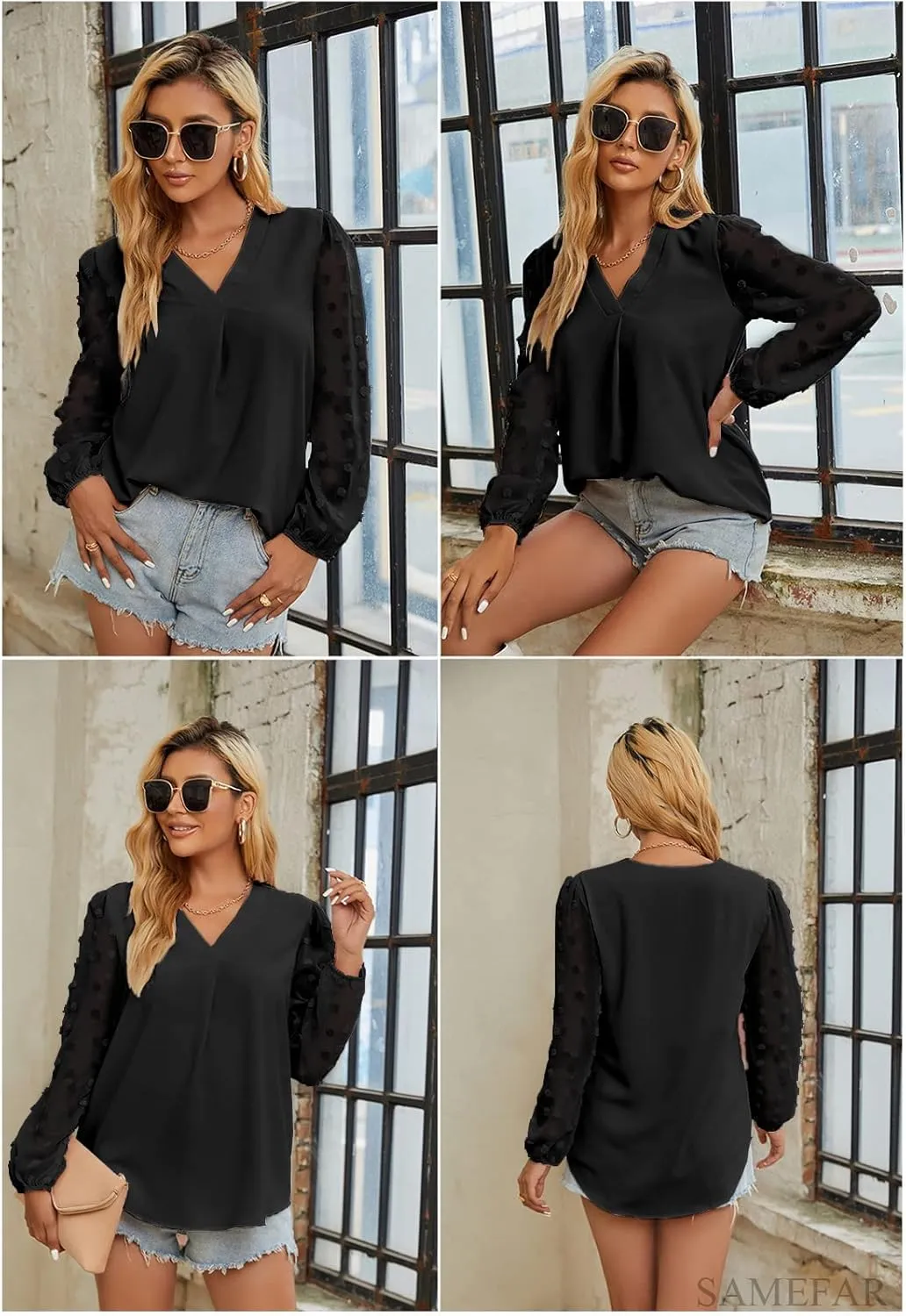 Samefar Women's Long Sleeve Pom Pom Top V Neck Pleated Shirts Casual Loose Chiffon Blouse