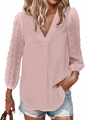 Samefar Women's Long Sleeve Pom Pom Top V Neck Pleated Shirts Casual Loose Chiffon Blouse