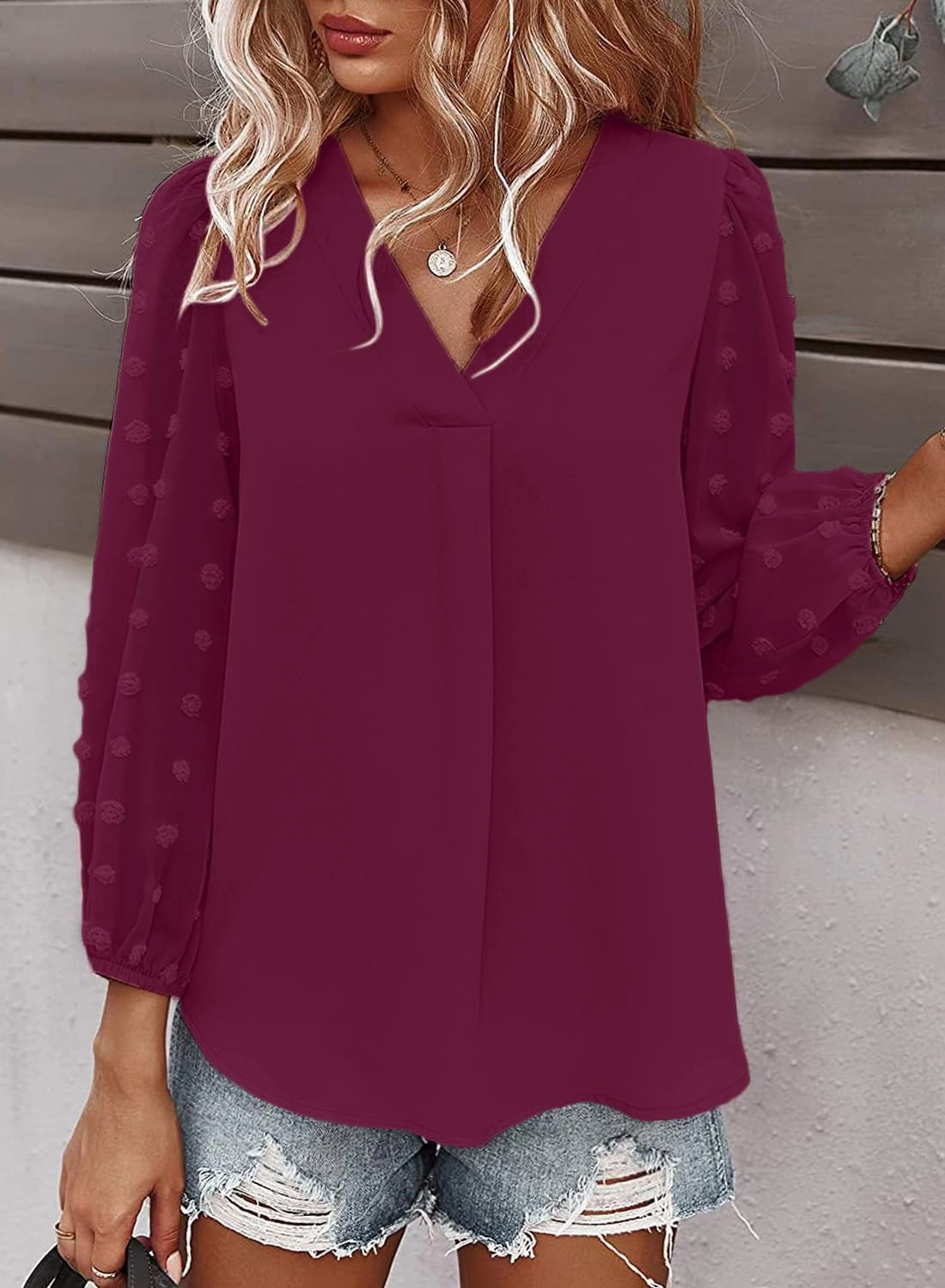 Samefar Women's Long Sleeve Pom Pom Top V Neck Pleated Shirts Casual Loose Chiffon Blouse