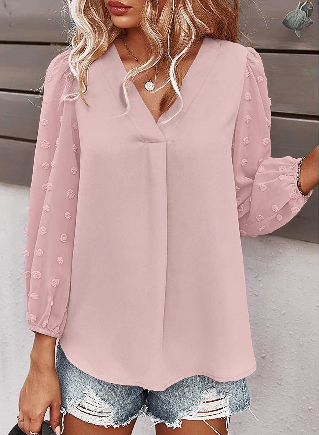 Samefar Women's Long Sleeve Pom Pom Top V Neck Pleated Shirts Casual Loose Chiffon Blouse
