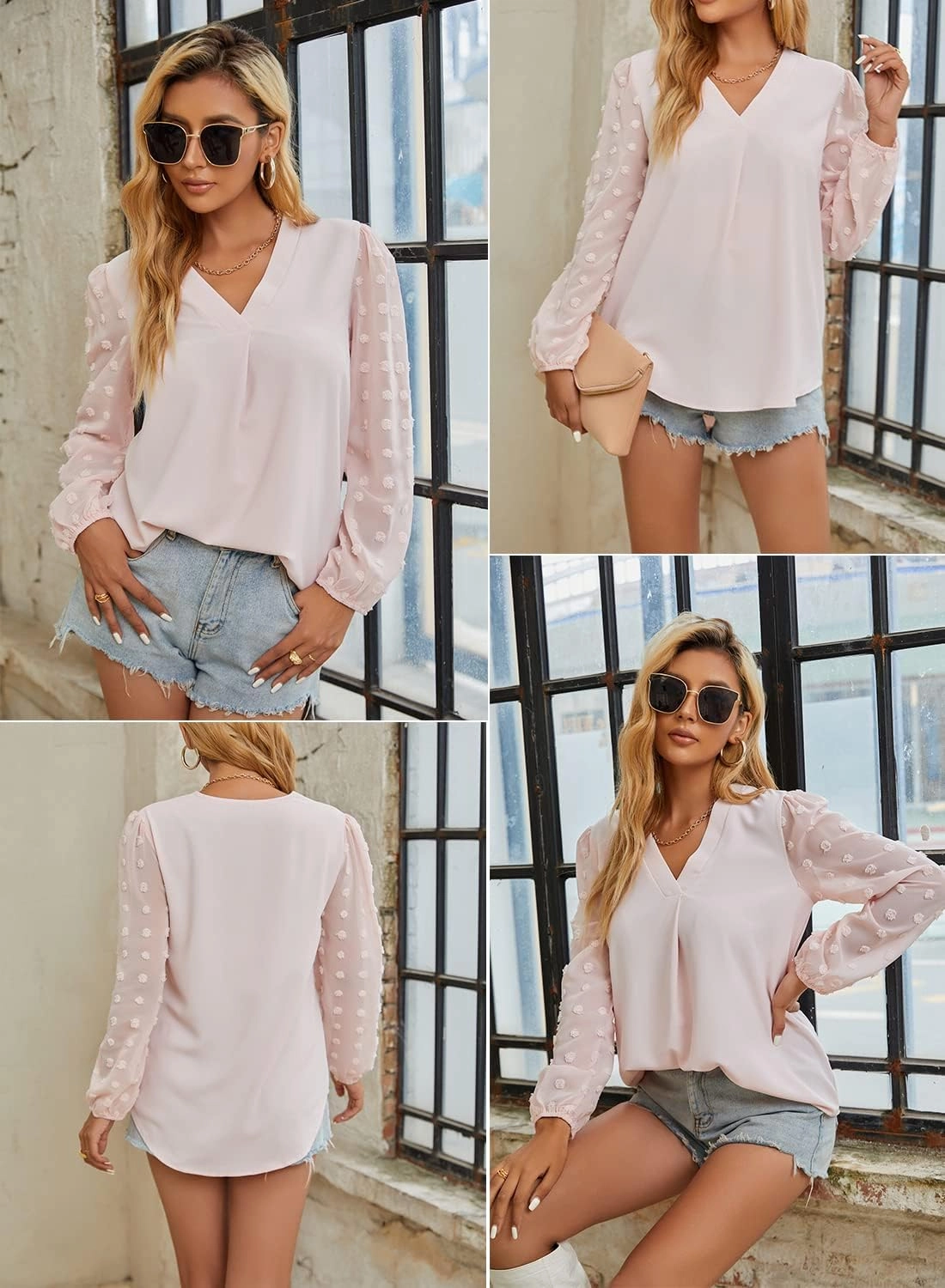 Samefar Women's Long Sleeve Pom Pom Top V Neck Pleated Shirts Casual Loose Chiffon Blouse